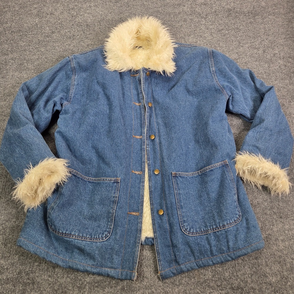 VTG Y2K Penny Lane Faux Fur Denim Jean Jacket Coat Barn Chore Western Cowgirl XL